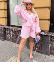 Костюм женский льняной двойка с рубашкой и шортами свободного кроя летний больших размеров