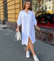 Платье рубашка женское льняное миди свободного прямого кроя с отложным воротником застежкой на пуговицы и регулируемыми рукавами больших размеров