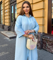Платье рубашка женское льняное миди свободного прямого кроя с отложным воротником застежкой на пуговицы и регулируемыми рукавами больших размеров
