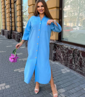 Платье рубашка женское длинное из льна жатки свободного прямого кроя с отложным воротником пуговицами накладными карманами и высокими боковыми разрезами больших размеров