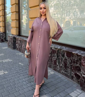 Платье рубашка женское макси из льна жатки свободного прямого кроя с отложным воротником пуговицами накладными карманами и боковыми разрезами больших размеров