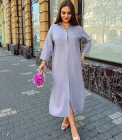 Платье-рубашка женское из льна-жатки макси свободного кроя на пуговицах с боковыми разрезами