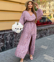 Платье женское макси из штапеля с цветочным принтом, кулиской на талии и боковым разрезом больших размеров