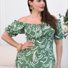 Платье женское из штапеля миди с регулируемой завязкой, спущенными плечами, шнуровкой на спинке и расклешенной юбкой больших размеров  k-131752