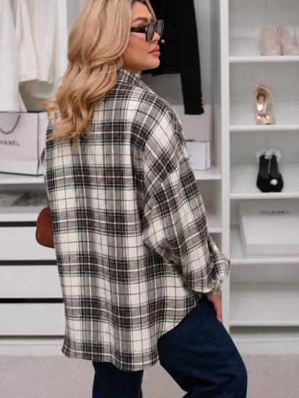 Рубашка женская из турецкой фланели в клетку свободного прямого кроя на пуговицах с длинными объемными рукавами больших размеров