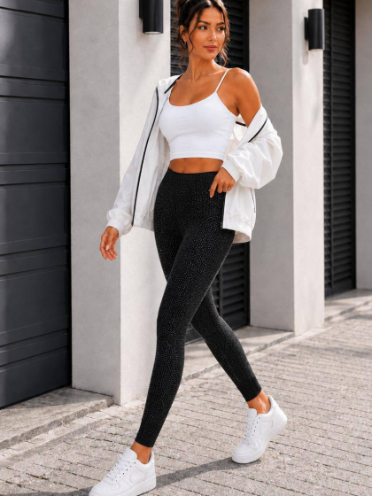 Леггинсы женские из эластичного дайвинга облегающие Skinny с высокой посадкой, поясом на резинке и декоративными камнями