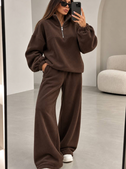 Спортивный костюм женский утепленный двойка из Polar Fleece оверсайз с кофтой на молнии 1/4, воротником стойкой и широкими брюками палаццо с затяжками
