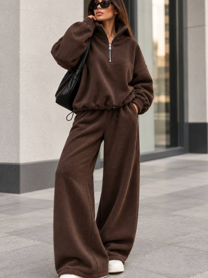 Спортивный костюм женский утепленный двойка из Polar Fleece оверсайз с кофтой на молнии 1/4, воротником стойкой и широкими брюками палаццо с затяжками