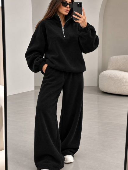 Спортивный костюм женский утепленный двойка из Polar Fleece оверсайз с кофтой на молнии 1/4, воротником стойкой и широкими брюками палаццо с затяжками