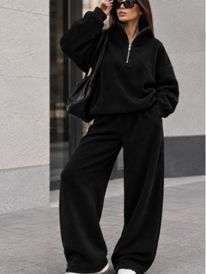 Спортивный костюм женский утепленный двойка из Polar Fleece оверсайз с кофтой на молнии 1/4, воротником стойкой и широкими брюками палаццо с затяжками