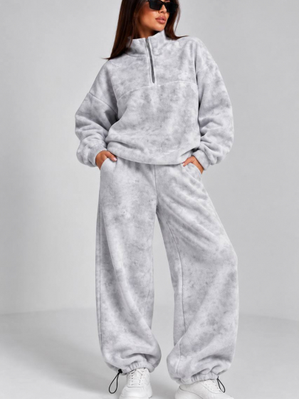 Костюм женский спортивный флисовый oversize с кофтой на молнии и широкими брюками