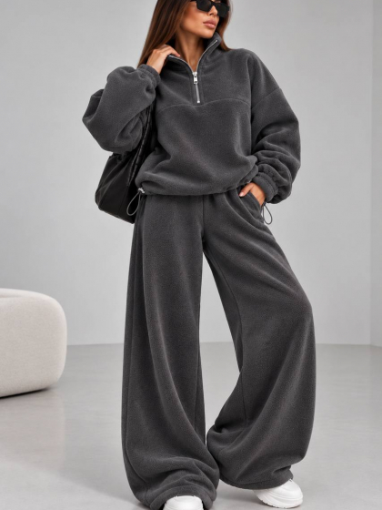 Костюм женский спортивный утепленный из Polar Fleece оверсайз с кофтой на молнии 1/4 и широкими брюками палаццо с затяжками