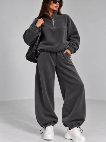 Костюм женский спортивный утепленный из Polar Fleece оверсайз с кофтой на молнии 1/4 и широкими брюками палаццо с затяжками