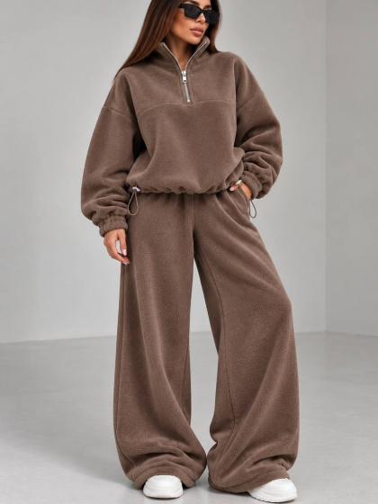 Спортивный костюм женский утепленный из Polar Fleece оверсайз с кофтой на молнии 1/4, воротником стойкой и широкими брюками палаццо с затяжками