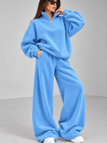 Спортивный костюм женский утепленный из Polar Fleece оверсайз с кофтой на молнии 1/4, воротником стойкой и широкими брюками палаццо с затяжками