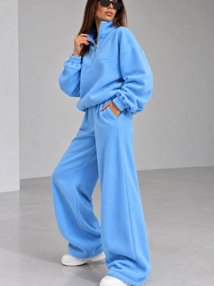 Спортивный костюм женский утепленный из Polar Fleece оверсайз с кофтой на молнии 1/4, воротником стойкой и широкими брюками палаццо с затяжками