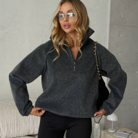 Свитер женский теплый из плотного премиального кашемира в стиле half zip с высоким воротником стойкой короткой молнией свободного кроя оверсайз спущенными плечами объемными рукавами на манжетах укороченный повседневный