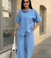 Костюм женский летний льон жатый Рубашка на кнопках + Брюки с высокой посадкой