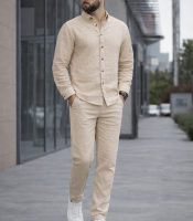 Костюм-двойка мужской льняной из ткани лен бохо: рубашка и брюки весенне-летний