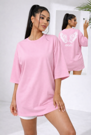 Футболка женская из хлопка оверсайз удлинённая с принтом крылья и надписью летняя Футболка женская из хлопка оверсайз удлинённая с принтом крылья и надписью летняя