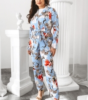 Костюм-двойка женский из крепа и полиэстера с жакетом классического кроя на пуговицах с поясом и прямыми брюками с цветочным рисунком летне-осенний