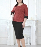 Костюм-двойка женский из ангоры и дайвинга с джемпером полуприлегающего кроя с кружевными рукавами и юбкой-карандаш осенне-зимний