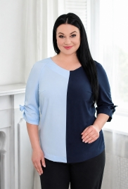 Блуза женская из вискозы софт двухцветная свободного прямого кроя с бантиками на рукавах летняя демисезонная