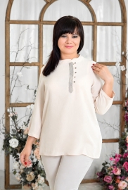 Блуза женская из коттона стрейч прямого силуэта с воротником стойкой и декором со стразами демисезонная