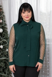 Блуза женская из крепа с прозрачными рукавами из сетки флок и съемным бантом демисезонная