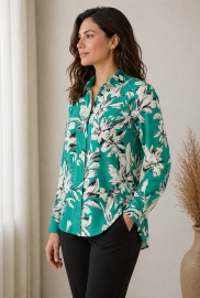 Блуза-рубашка женская из льна стрейч с цветочным принтом свободного кроя летняя демисезонная