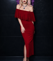 Платье в пол с открытыми плечами и воланом 33139