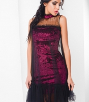 Праздничное велюровое платье марсала с чокером 29078