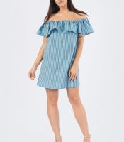 Летнее синее платье с открытыми плечами и воланом 33697