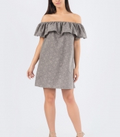 Летнее серое платье с открытыми плечами и воланом 33694