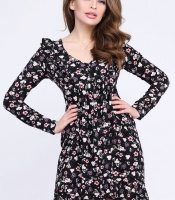 Чёрное платье в цветочек с рюшами 35307