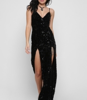 Элегантное черное платье в пайетках с глубокими разрезами 36347