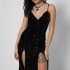 Элегантное черное платье в пайетках с глубокими разрезами 36347 xp-1274 Элегантное черное платье в пайетках с глубокими разрезами 36347 xp-1274