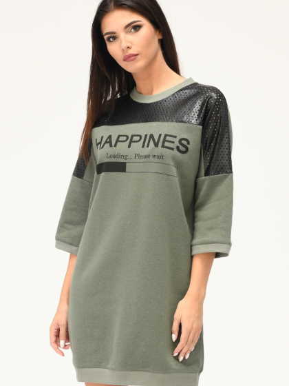 Платье oversize со вставками из эко кожи и надписью 31954