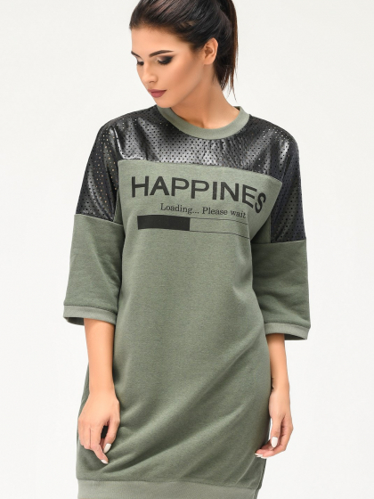 Платье oversize со вставками из эко кожи и надписью 31954