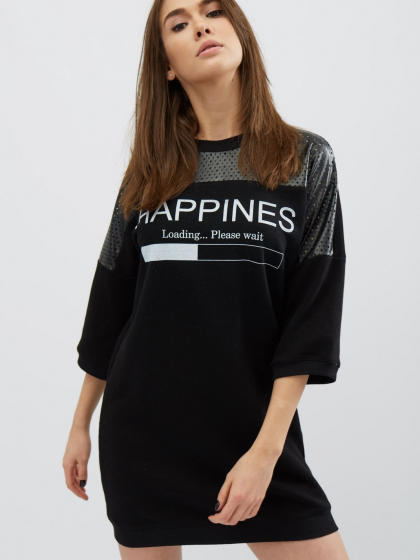 Платье oversize со вставками из эко кожи и надписью 31951