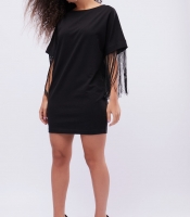 Черное платье оверсайз с бахромой 32429