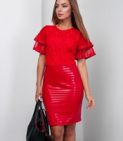 Платье с объемными рукавами из гипюра и эко-кожи 27902 Платье с объемными рукавами из гипюра и эко-кожи 27902