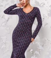 Платье в цветочек украшено оборкой цвет синий 28783