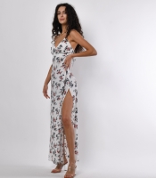 Молочное платье макси с цветочным принтом и разрезом 56169