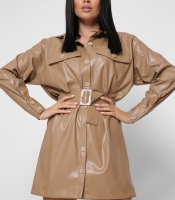 Короткое платье-рубашка из эко-кожи цвет бежевый 38297