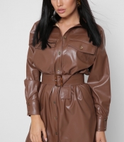 Короткое платье-рубашка с эко-кожи цвет коричневый 38295