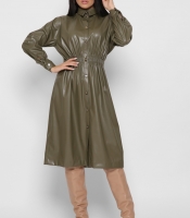 Кожаное платье-рубашка цвет оливка 38298