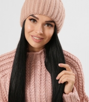 Женская трикотажная шапка с отворотом цвет пудра 38327
