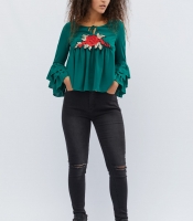Изумрудная блузка с рюшами в этническом стиле 27952