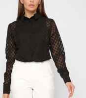Черная блуза в горох с прозрачными вставками 36940